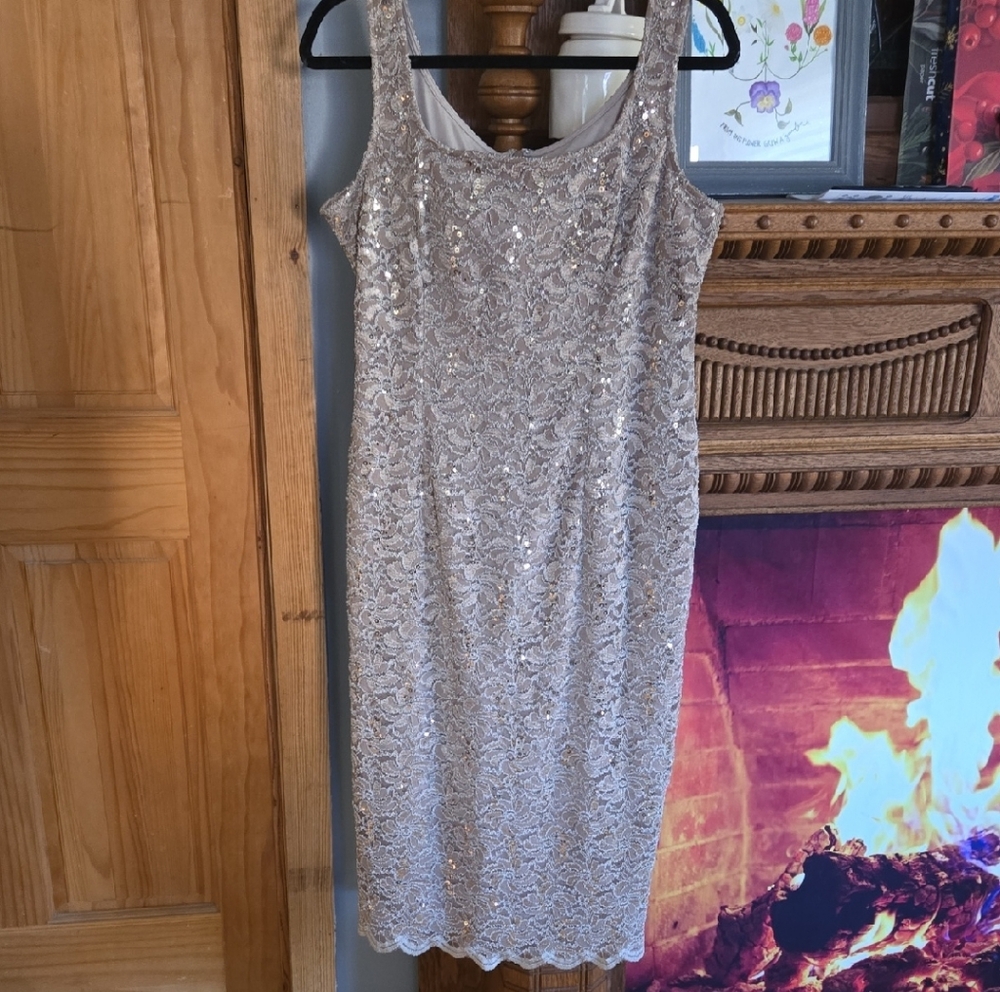 Alex Evenings Glittering Taupe/Gold  Lace Midi Dress Size 12
